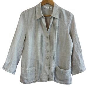 Linen Shirt Petite L Oatmeal Pintuck Button Front Pockets Coastal Minimalist